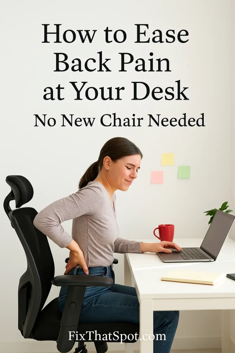 Woman sitting in an ergonomic office chair, leaning forward and rubbing her lower back in discomfort while working on a laptop.