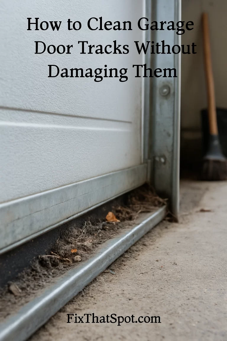 Close-up of a garage door track with visible dirt and debris along the edge, set against a concrete floor. A broom leans in the background.