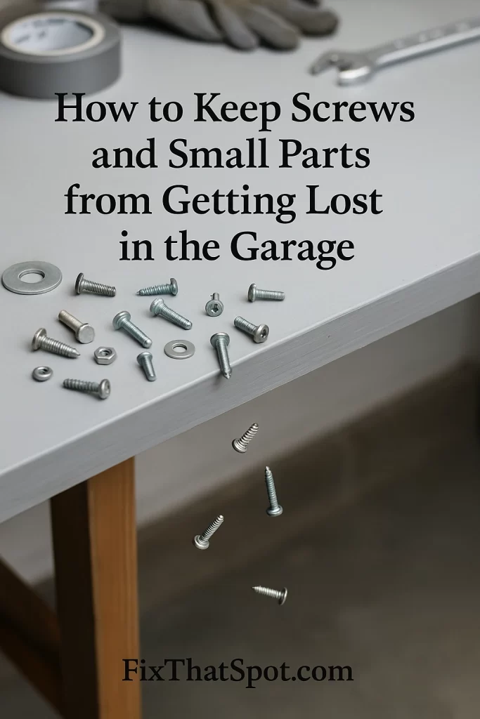 Bright gray garage workbench with screws and washers scattered across the surface and falling off the edge.