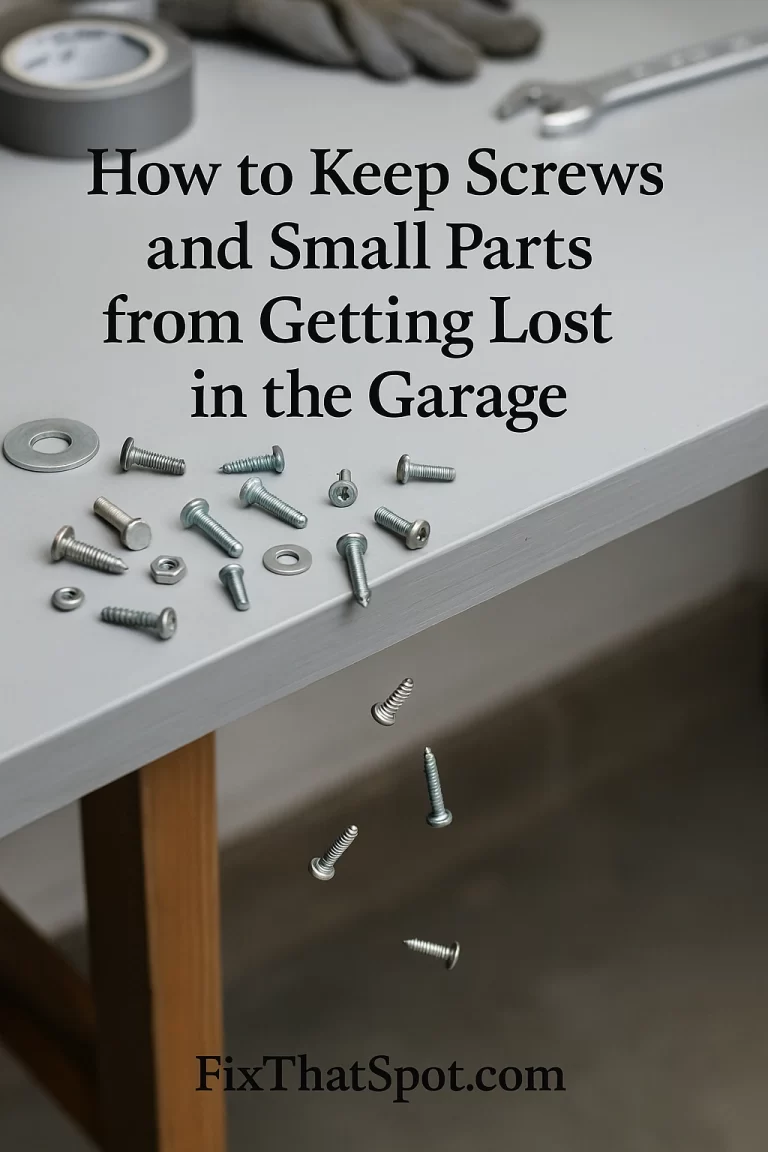 Bright gray garage workbench with screws and washers scattered across the surface and falling off the edge.