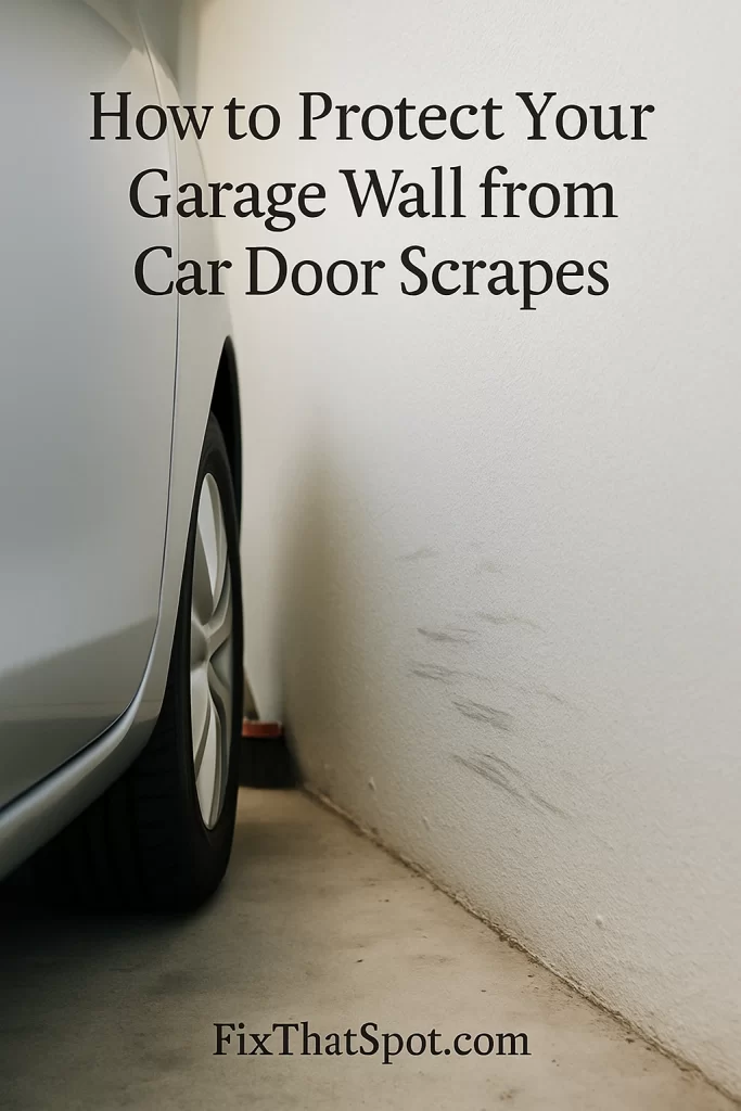 Garage wall with visible scuff marks from a car door, shown next to a silver vehicle. A broom and tire are faintly visible in the background.