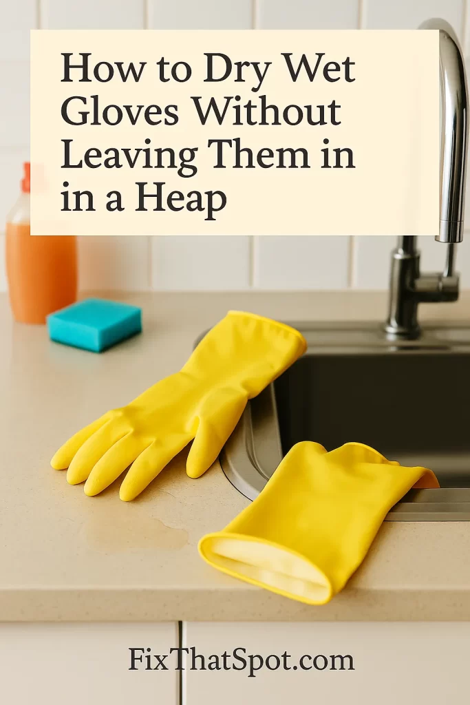 Yellow rubber gloves left wet on a kitchen counter near a sink, with a small water puddle and sponge nearby, highlighting the problem of drying gloves after use