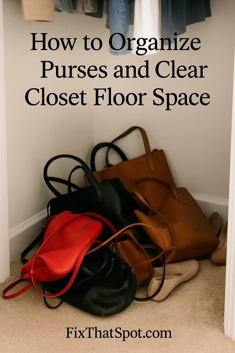 Open closet with clothes hanging above and a messy pile of handbags and purses on the floor, including black, brown, and red bags.