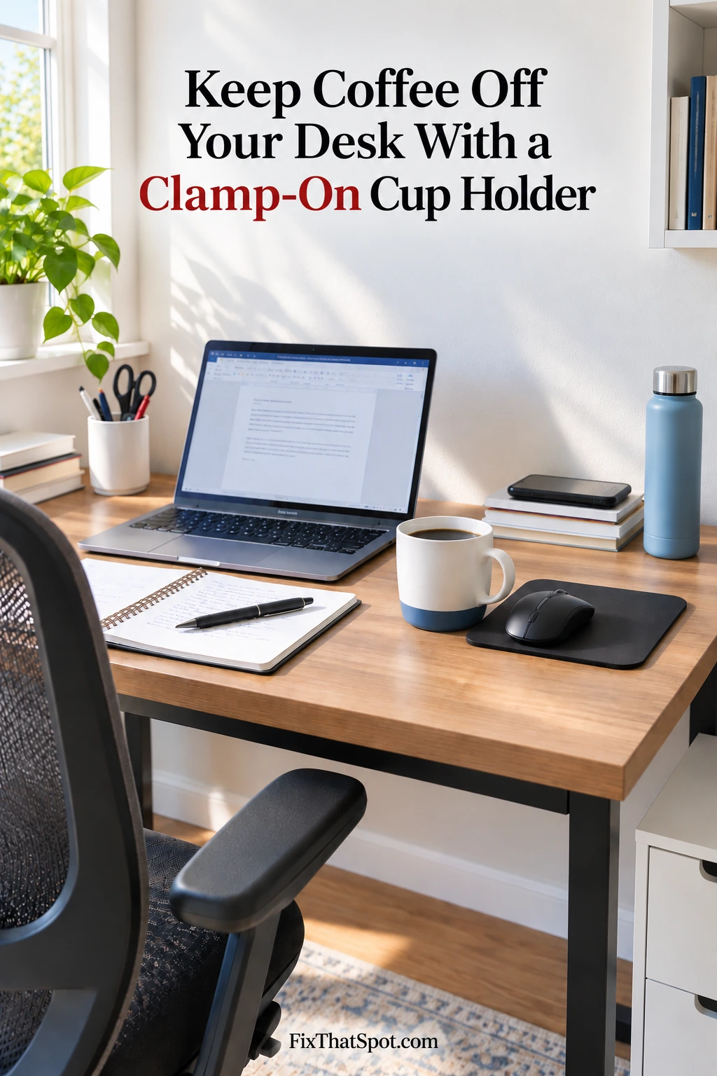 Keep Coffee Off Your Desk With a Clamp-On Cup Holder