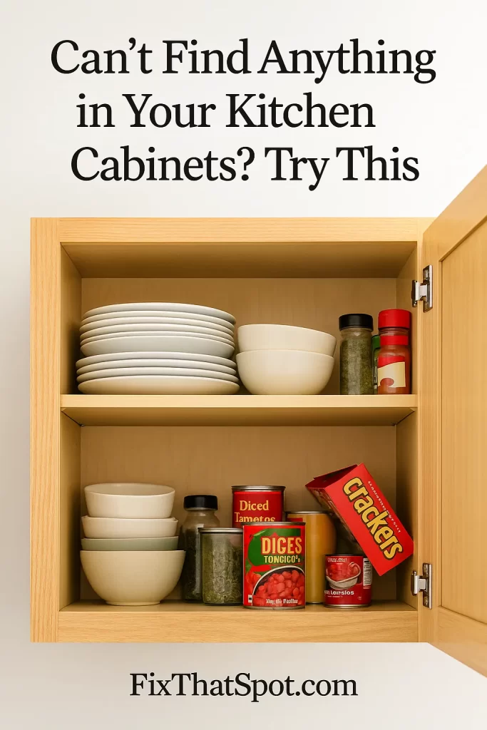 Open wooden kitchen cabinet with messy shelves holding stacked plates, bowls, canned goods, and spice jars.