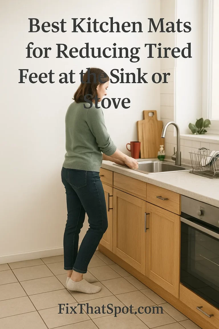 Woman standing at a kitchen sink on a bare tile floor, leaning slightly forward while doing dishes, with no mat in sight.