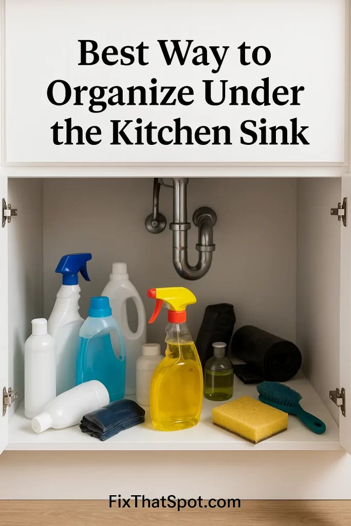 Open white kitchen cabinet under a sink with cleaning supplies scattered around pipes, including spray bottles, sponges, and brushes.