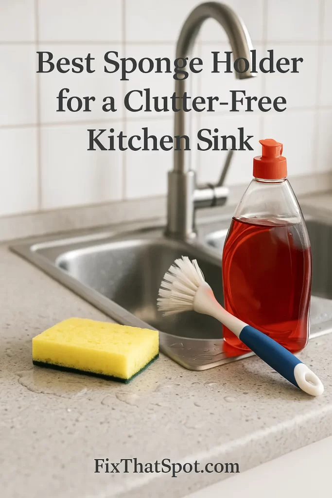 Yellow sponge, white dish brush, and red dish soap bottle sitting on a wet kitchen counter next to a stainless steel sink with water spots.