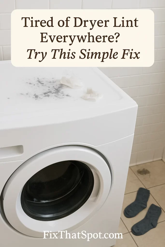 A white front-load dryer with lint and used dryer sheets scattered on top, blue-gray socks on the floor, and a small pile of lint in the corner, showing a cluttered laundry room setup.