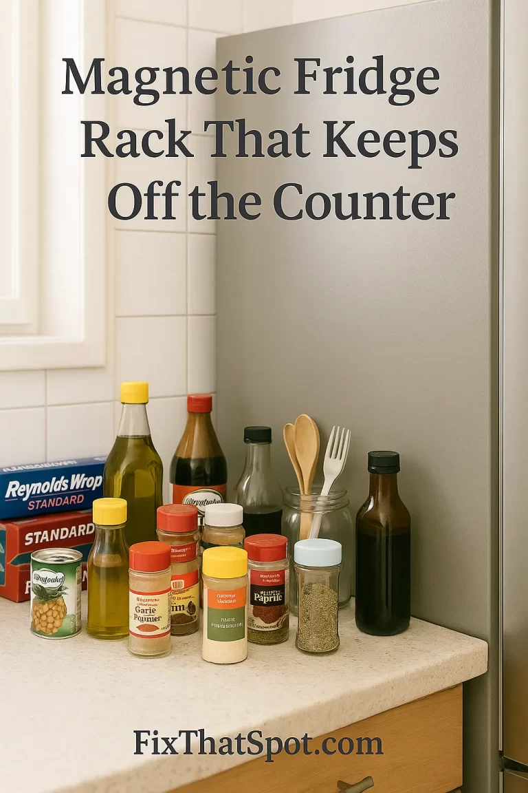 Cluttered kitchen counter with various spice jars, bottles, and utensils next to a silver fridge, highlighting the need for a magnetic fridge rack.