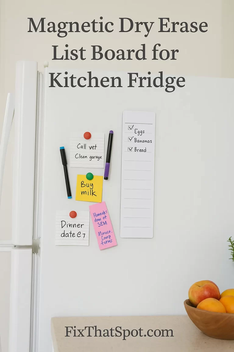 White refrigerator door in a bright kitchen with a magnetic list board attached, covered in colorful handwritten notes.