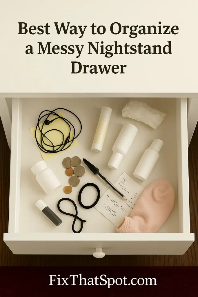 A clean, modern nightstand with a white open drawer, revealing a messy mix of everyday items. The nightstand sits against a light wall with a dark floor underneath.