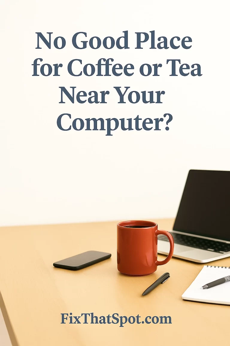 Light wood desk with a red coffee mug near the edge, black smartphone, open laptop, and notepad with pen.