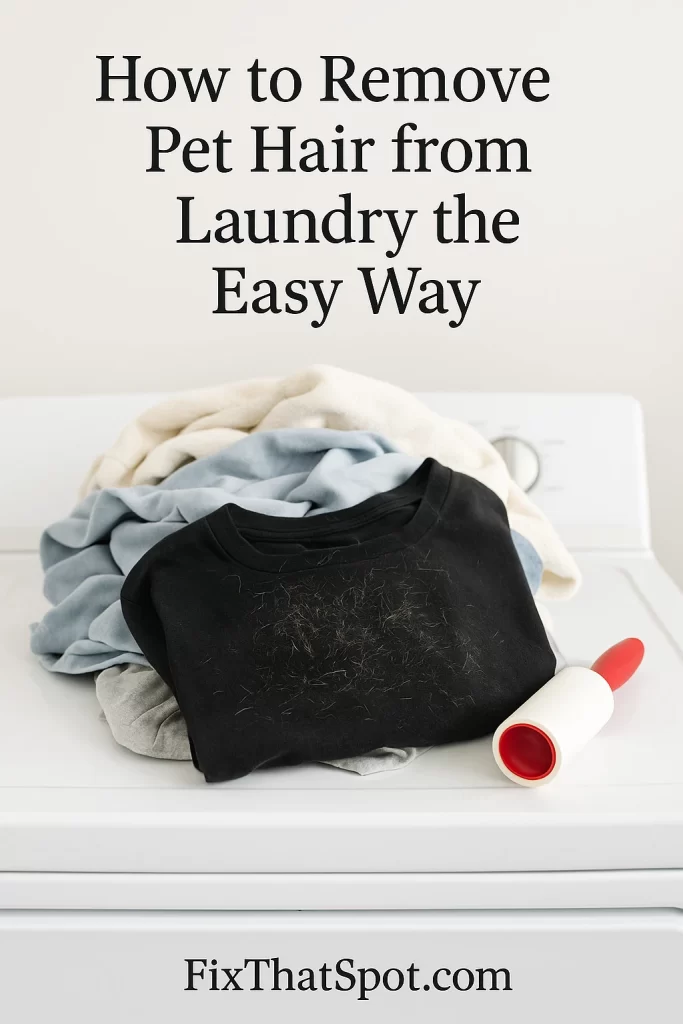 A pile of clean laundry on top of a white dryer with visible pet hair stuck to a black T-shirt. A red-handled lint roller rests nearby.