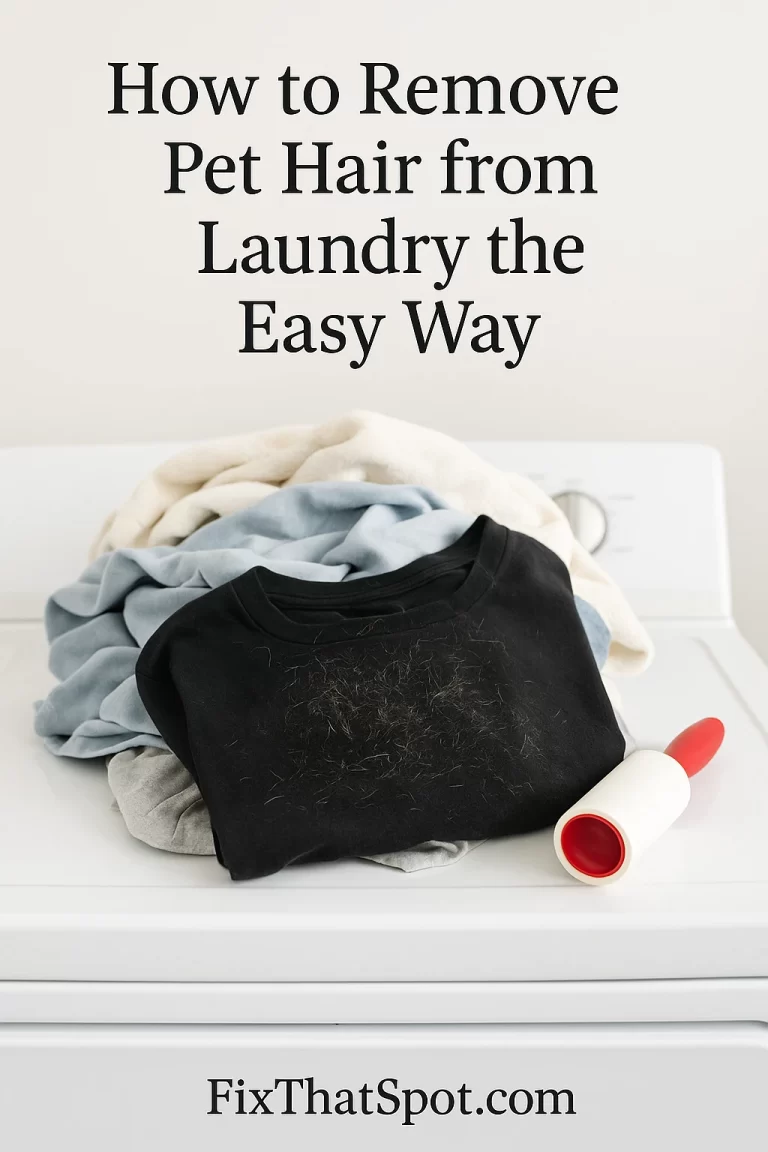 A pile of clean laundry on top of a white dryer with visible pet hair stuck to a black T-shirt. A red-handled lint roller rests nearby.