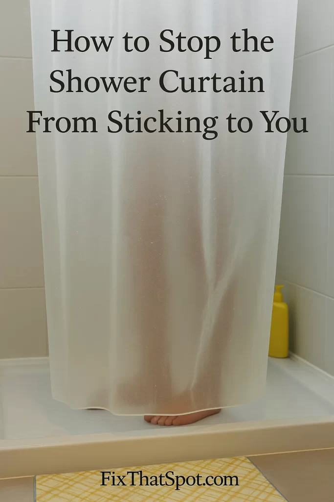 Close-up of a wet shower curtain clinging to a person’s legs, highlighting the common problem of clingy curtains during a shower.