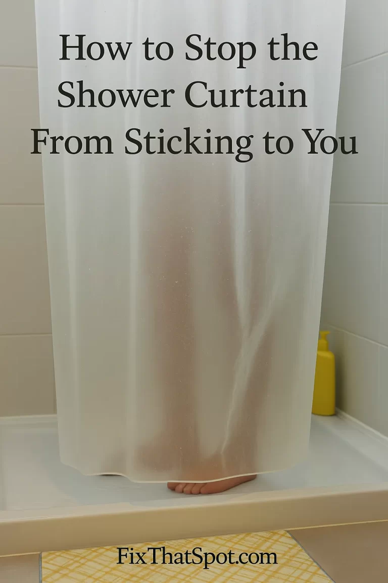 Close-up of a wet shower curtain clinging to a person’s legs, highlighting the common problem of clingy curtains during a shower.