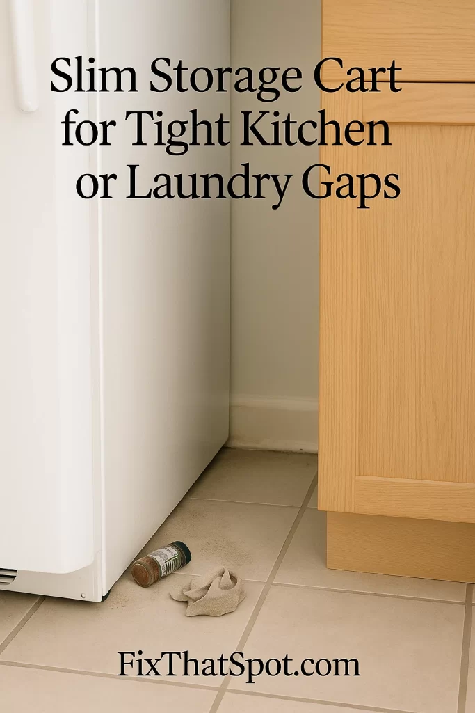 Gap between a refrigerator and a wooden kitchen cabinet with a fallen spice jar and cloth on the tiled floor, showing wasted storage space.