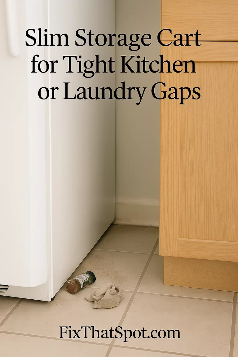 Gap between a refrigerator and a wooden kitchen cabinet with a fallen spice jar and cloth on the tiled floor, showing wasted storage space.