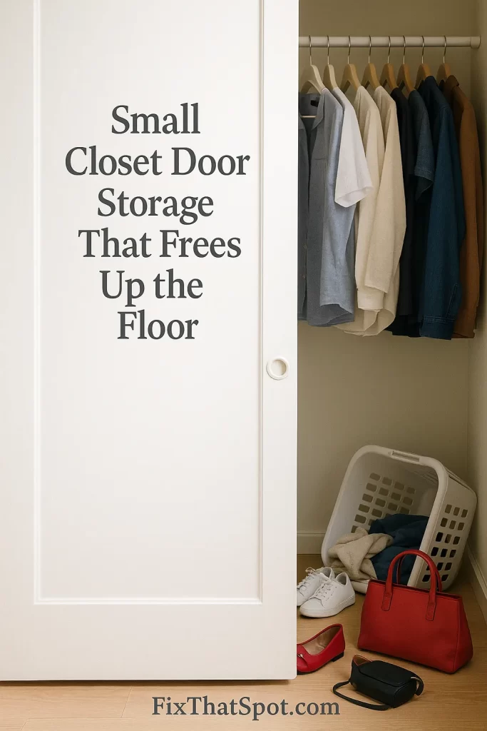 Open white closet door, showing clothes hanging above a cluttered floor with shoes, a red handbag, and a tipped-over laundry basket.
