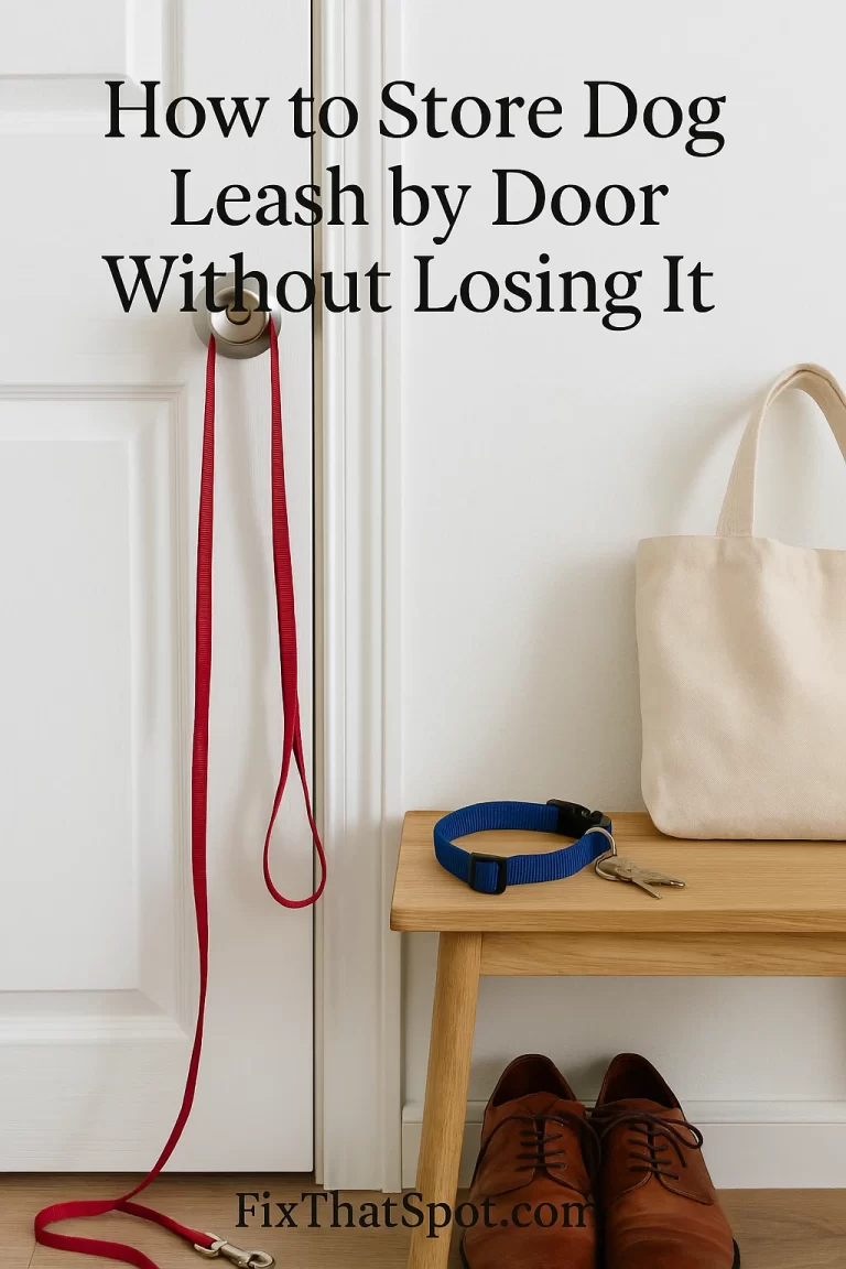A red dog leash hangs from a white doorknob in a small entryway. A wooden bench nearby holds a blue dog collar, a set of keys, and a beige tote bag.