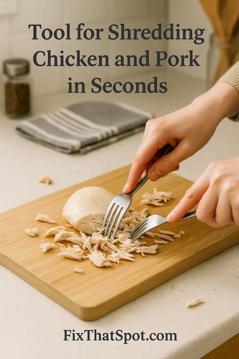 Hands using two forks to shred cooked chicken breast on a wooden cutting board in a kitchen, with a striped towel and spice jar in the background.