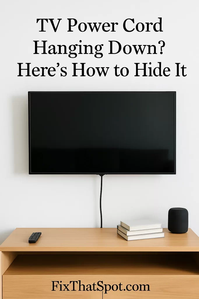 A wall-mounted TV with a single black power cord hanging down against a clean white wall, above a light wood console with a remote, books, and a black speaker.