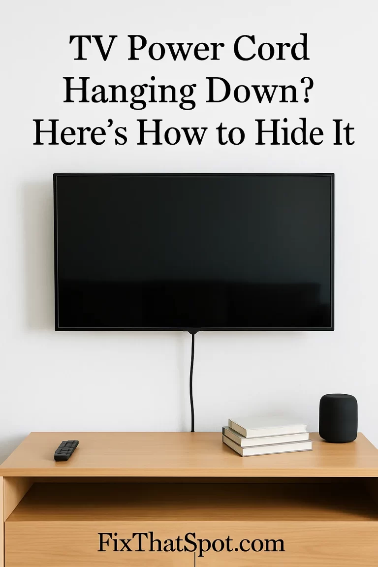 A wall-mounted TV with a single black power cord hanging down against a clean white wall, above a light wood console with a remote, books, and a black speaker.