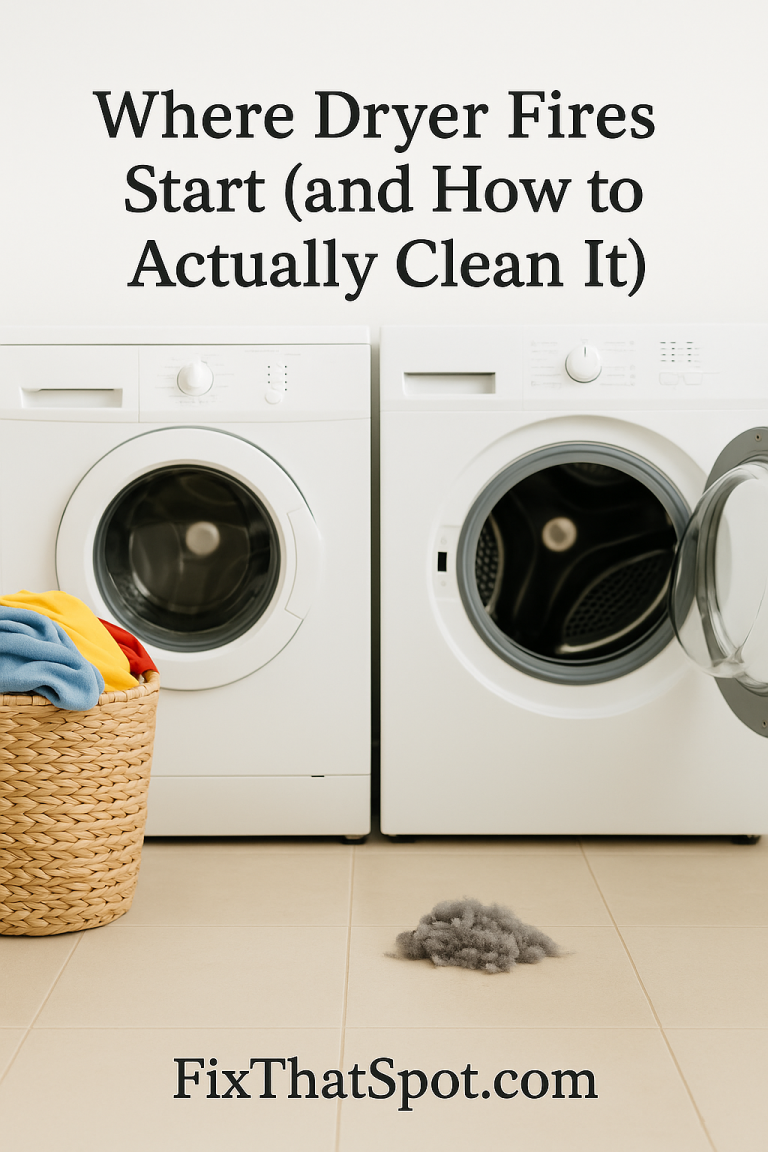 Front-facing washer and dryer with an open dryer door. A small pile of lint sits on the tiled floor in front of the dryer, next to a wicker laundry basket filled with colorful clothes.