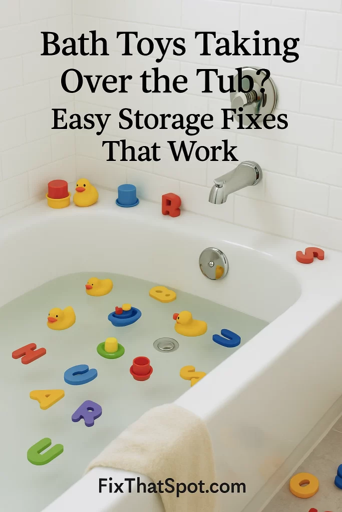 White bathtub filled with water and scattered colorful bath toys, including rubber ducks, stacking cups, and foam letters. A modern chrome bathtub mixer is mounted on the wall, and a yellow towel hangs over the tub edge.