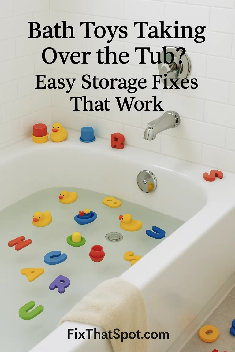 White bathtub filled with water and scattered colorful bath toys, including rubber ducks, stacking cups, and foam letters. A modern chrome bathtub mixer is mounted on the wall, and a yellow towel hangs over the tub edge.