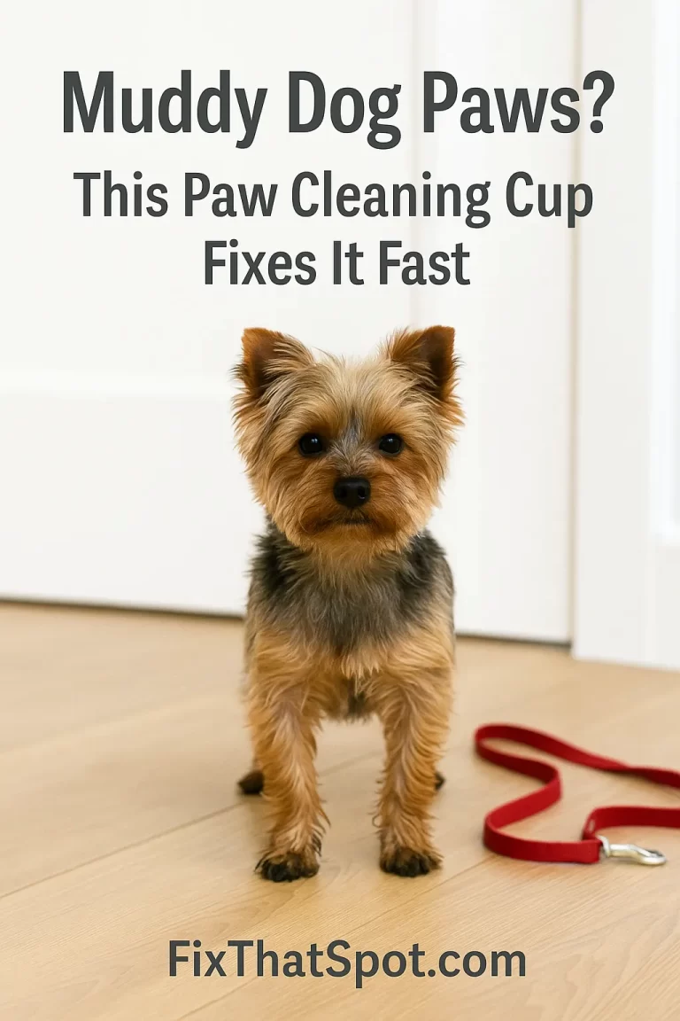A small dog with muddy paws stands inside the entryway on a light floor, with a red leash nearby.