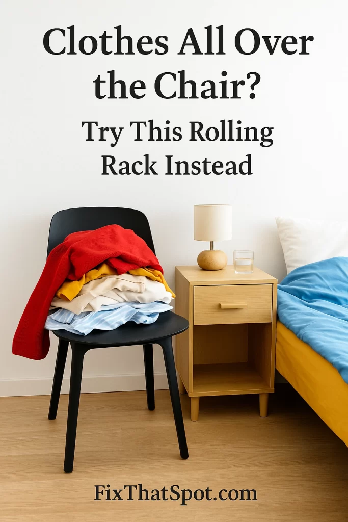 A bedroom chair piled high with clothes, including a red sweater on top, against a pale wall with a bed beside it.