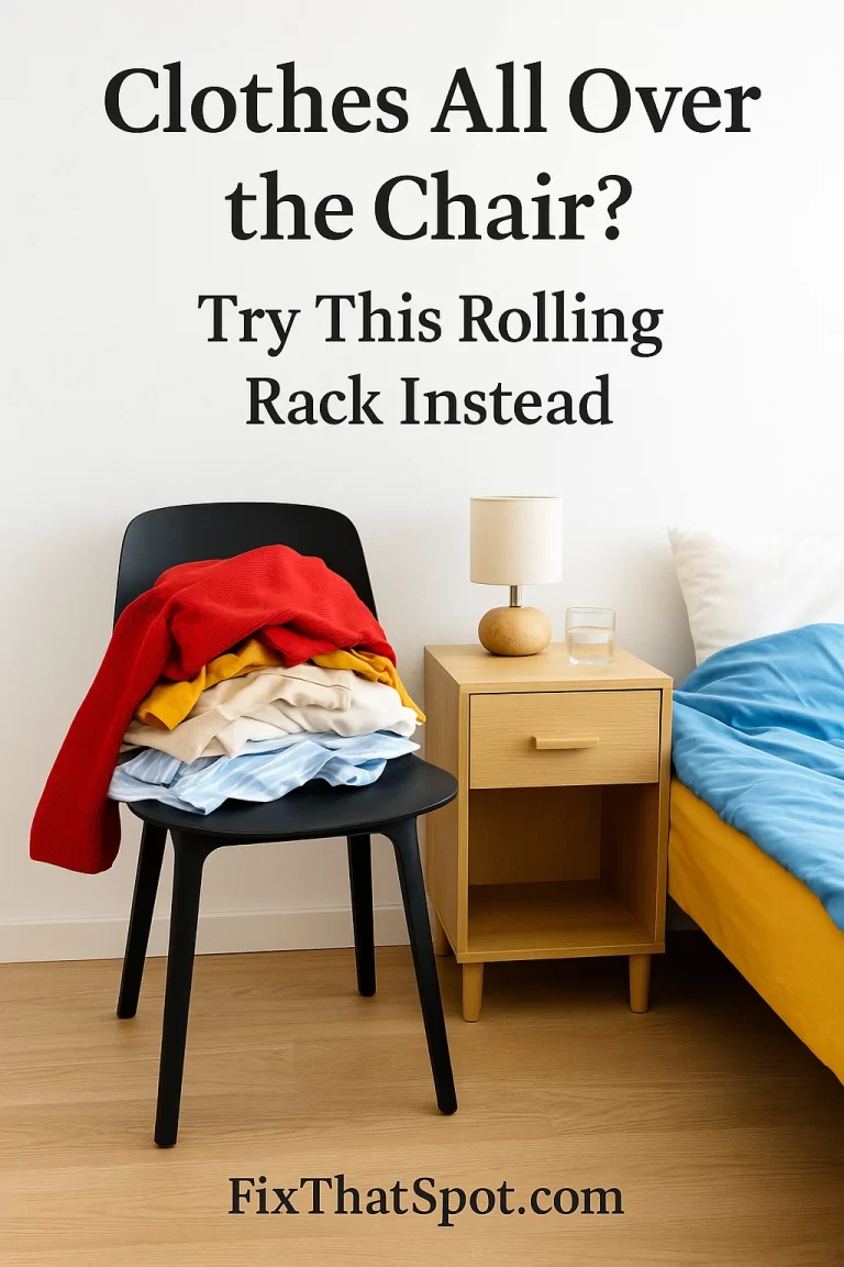 A bedroom chair piled high with clothes, including a red sweater on top, against a pale wall with a bed beside it.