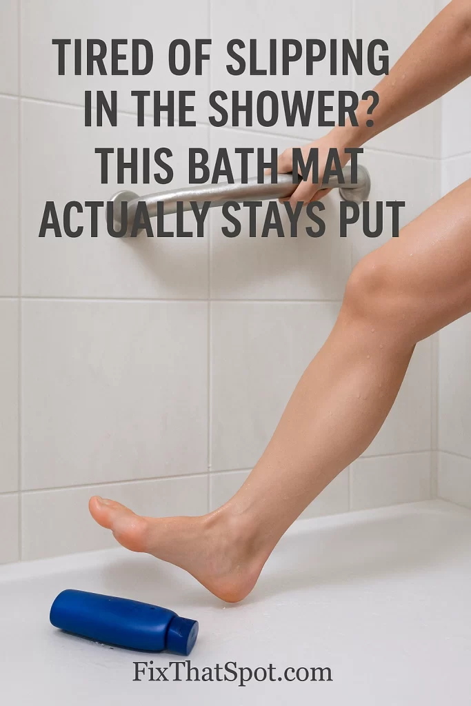 A person slipping on a wet shower floor with one foot mid-air, gripping a properly mounted grab bar at chest height for balance. A blue shampoo bottle lies tipped over on the white tiles, highlighting the slippery surface.