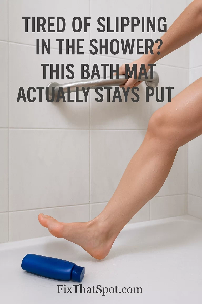 A person slipping on a wet shower floor with one foot mid-air, gripping a properly mounted grab bar at chest height for balance. A blue shampoo bottle lies tipped over on the white tiles, highlighting the slippery surface.