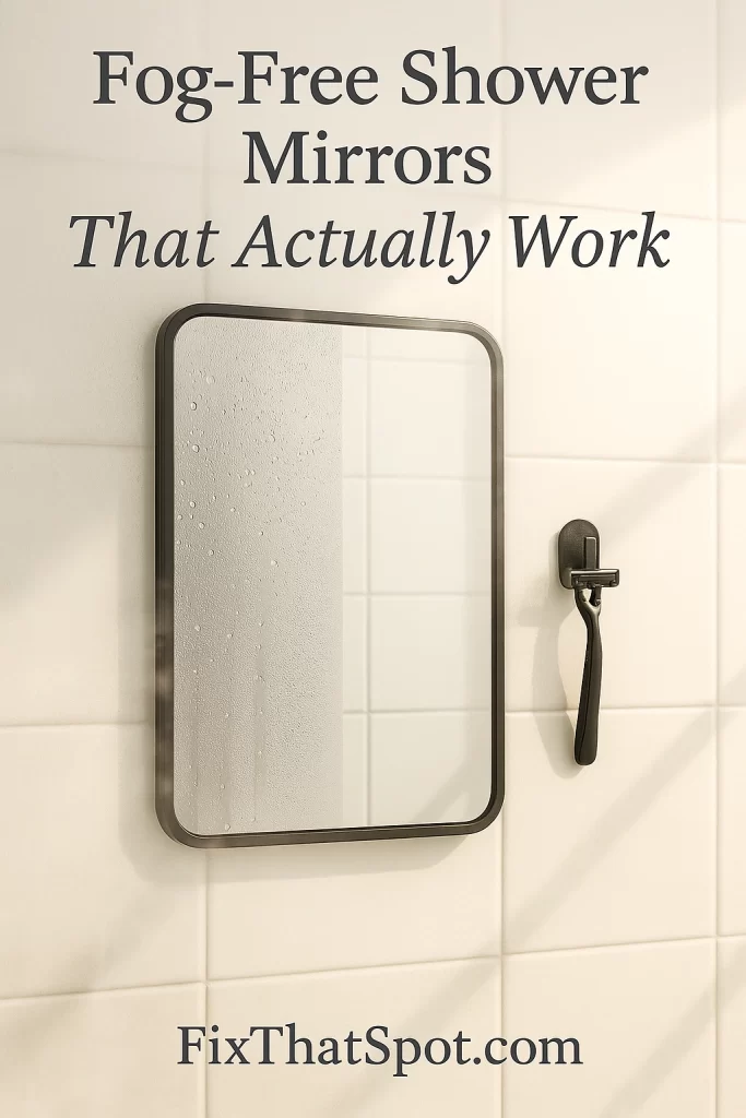 Rectangular mirror on a white tiled shower wall with steam and water droplets. The mirror surface is partly fogged but has a clear section showing the fog-free effect.