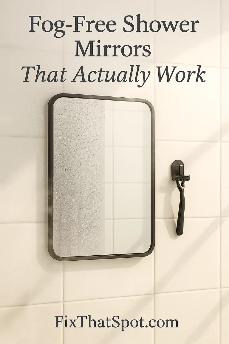 Rectangular mirror on a white tiled shower wall with steam and water droplets. The mirror surface is partly fogged but has a clear section showing the fog-free effect.
