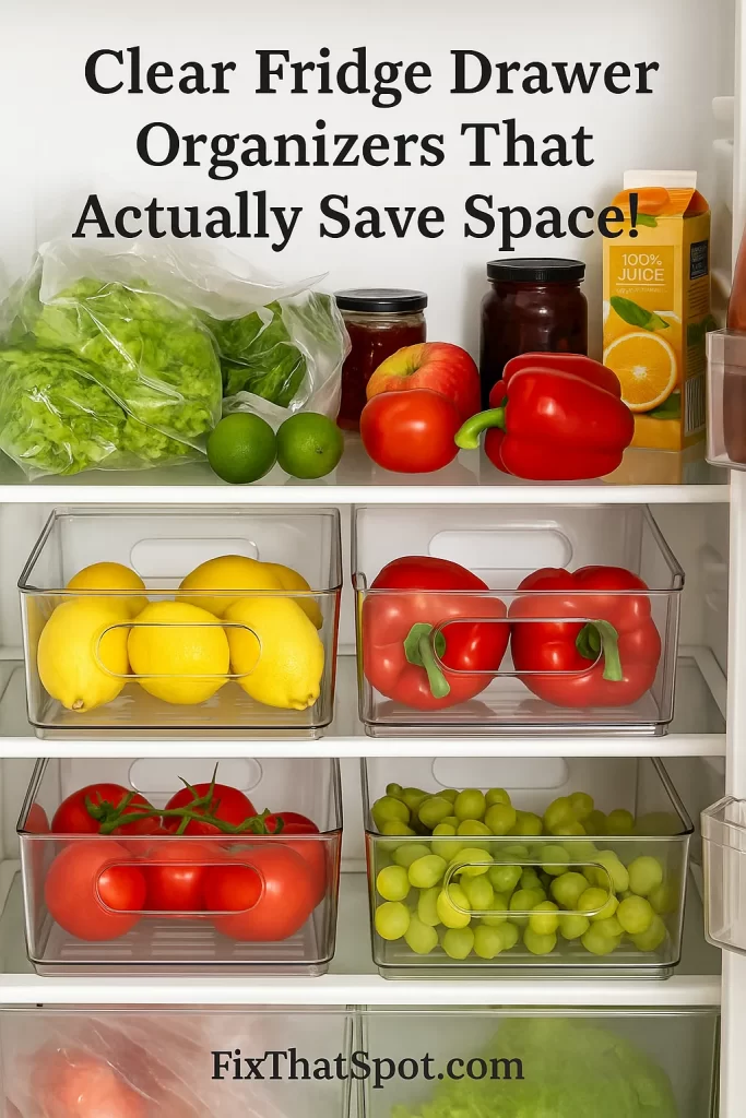 A realistic refrigerator with a messy top shelf and neat clear drawer organizers below holding colorful produce.