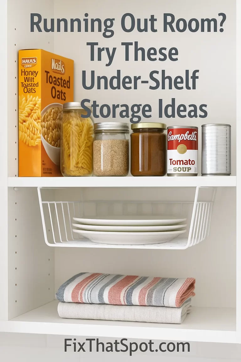 White kitchen cabinet with a crowded top shelf of jars and boxes, and a wire under-shelf basket below holding plates and towels.