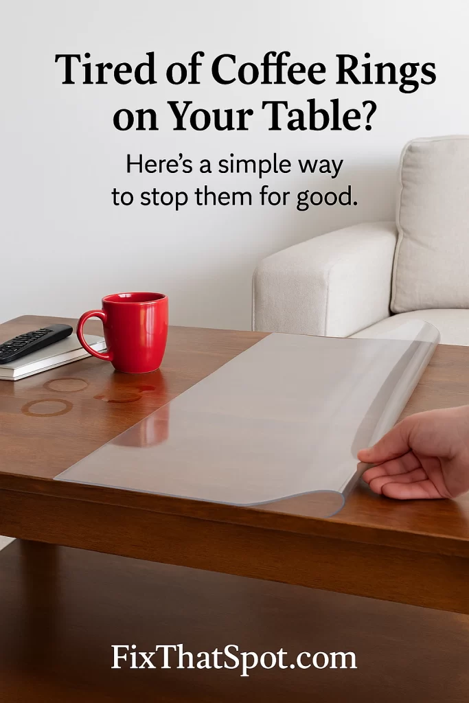 Clear PVC table protector being unrolled over a wooden coffee table with coffee rings and a red mug, showing how it prevents new stains.