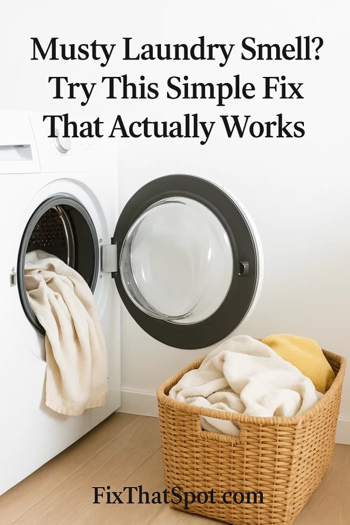 Open front-loading washing machine with damp towels left inside and a laundry basket beside it, showing the cause of a musty laundry smell.