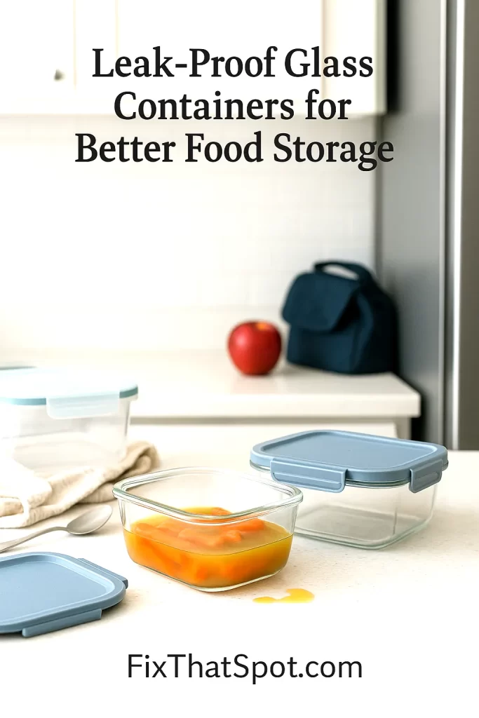 A bright kitchen counter with glass food containers, one open with soup and carrots and a small spill beside it. A red apple and a blue lunch bag sit in the background.