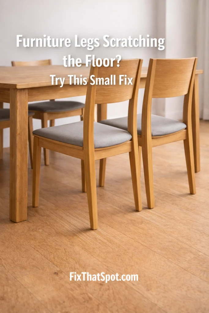 Dining chair pulled back from a wooden table on a light oak floor, showing straight scratch marks behind the rear legs from pushing the chair backward.