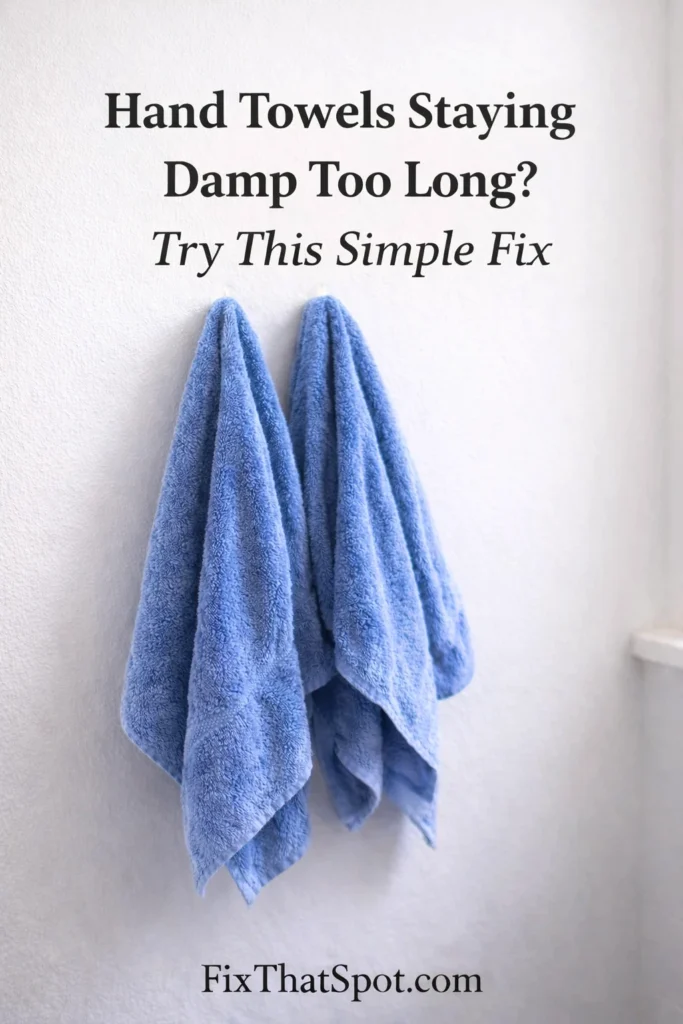 Two blue hand towels hanging close together on a white bathroom wall, appearing slightly bunched and slow to dry.