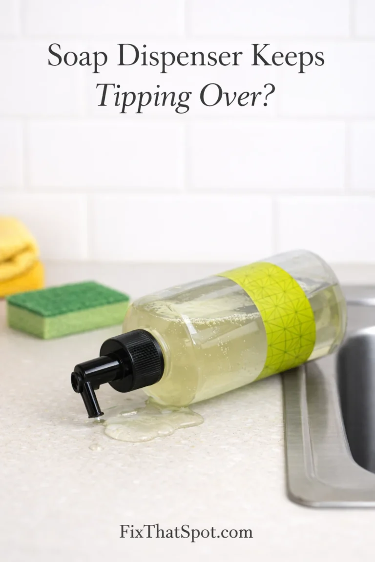 Soap dispenser tipped over on a kitchen counter near the sink, with soap spilled on the surface.