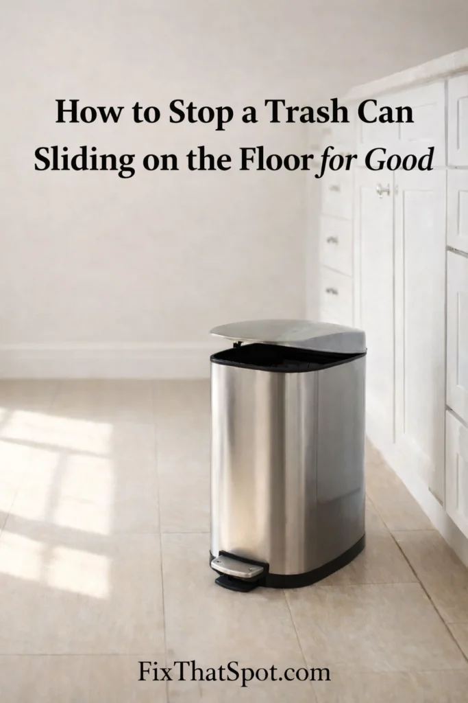 Pedal trash can sitting slightly out of place on a smooth kitchen floor with the lid partially open.