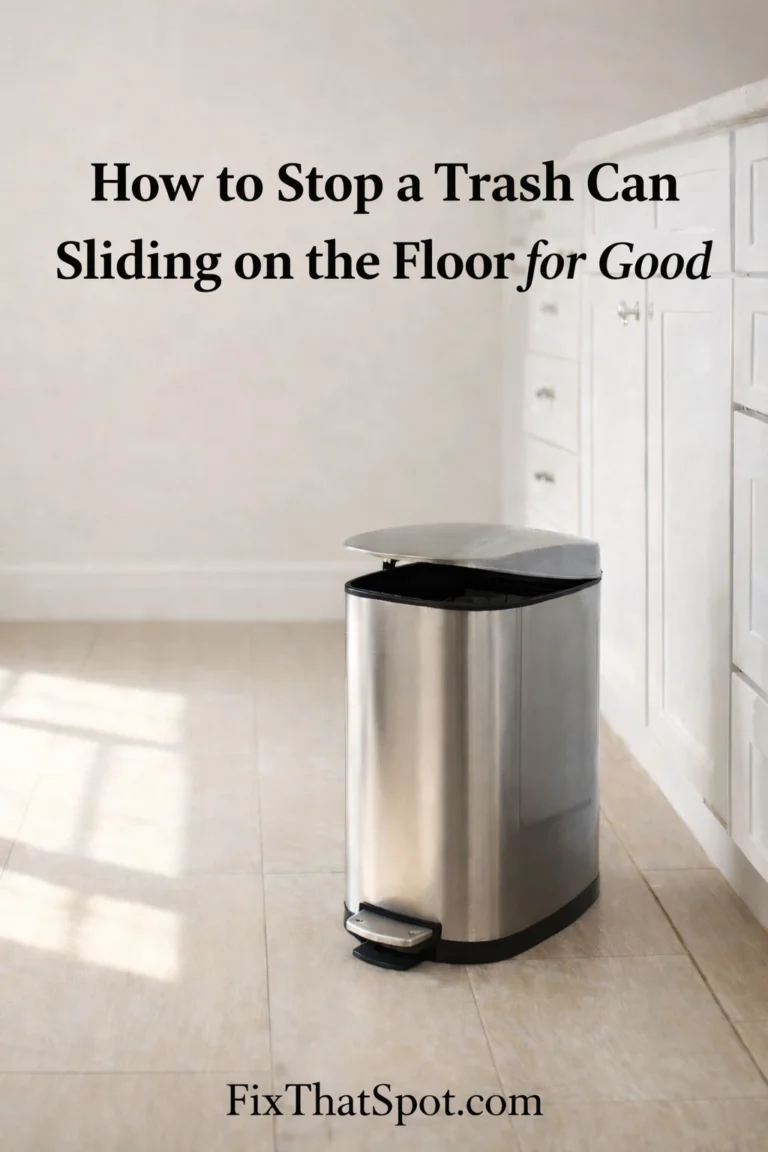Pedal trash can sitting slightly out of place on a smooth kitchen floor with the lid partially open.