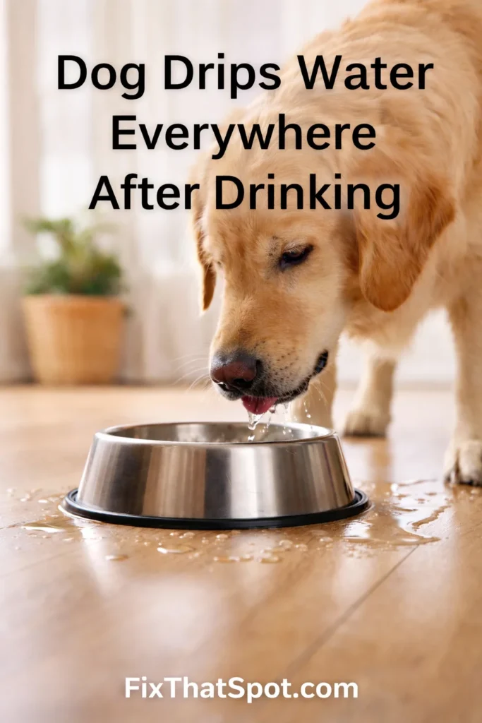 Dog drinking from a stainless steel water bowl on a hardwood floor, with water dripping from its mouth and puddles forming around the bowl.