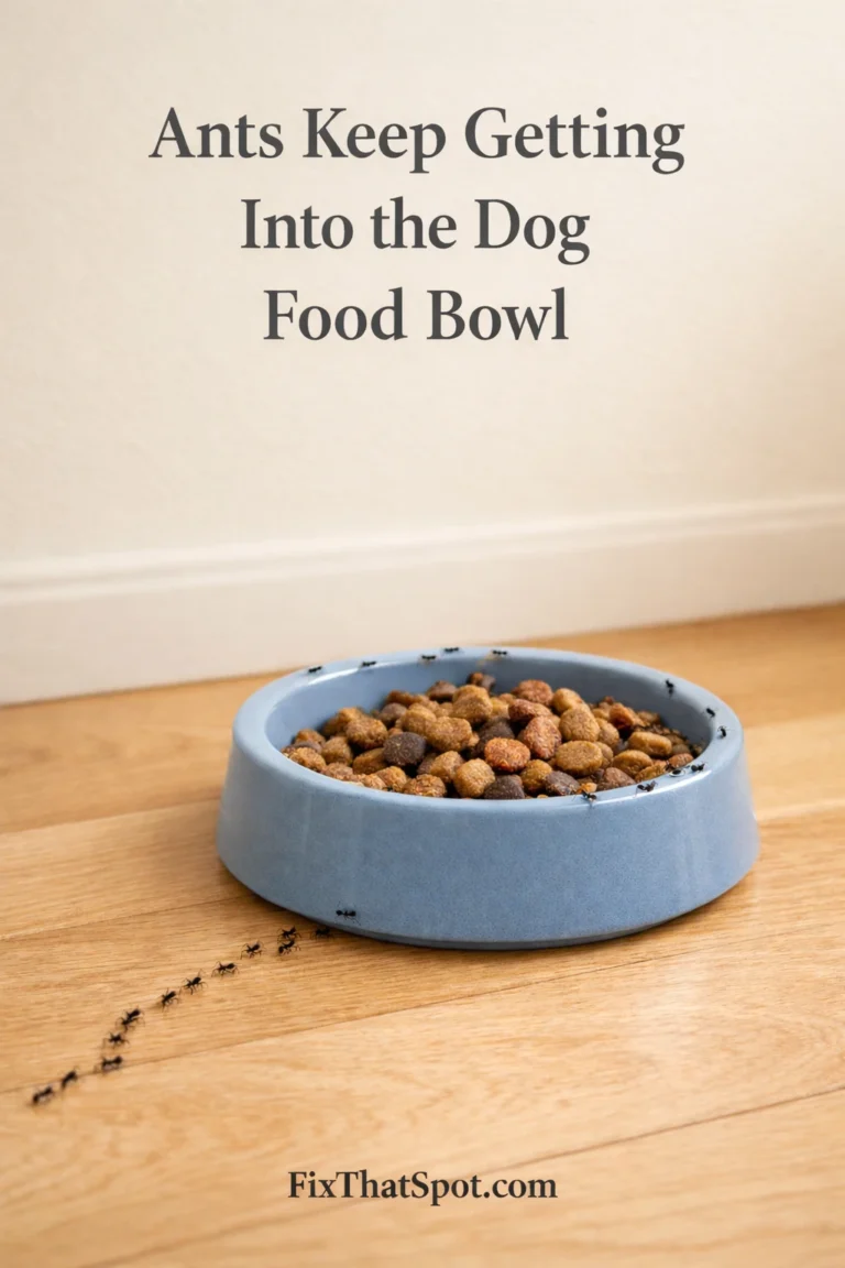 Ants crawling toward a muted blue dog food bowl with dry kibble inside, placed directly on a light wooden floor in a warm indoor feeding area.